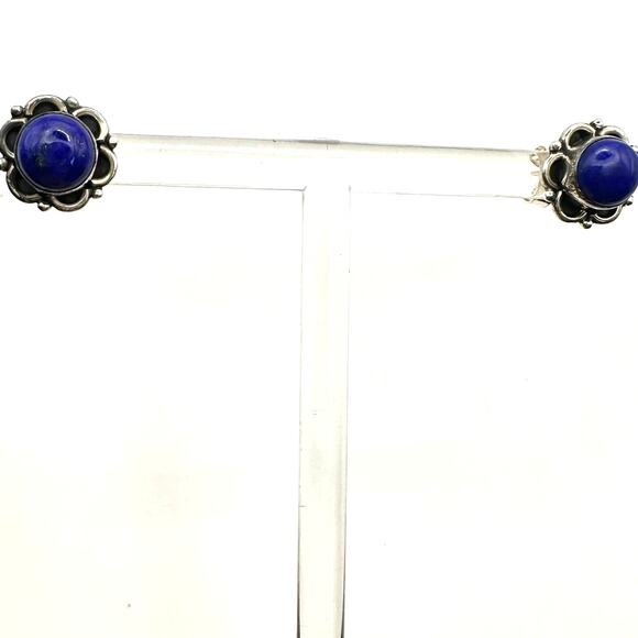 Lapis Lazuli Flower Stud Pierced Earring 925 Sterling Silver Boho Bohemian - Picture 4 of 9